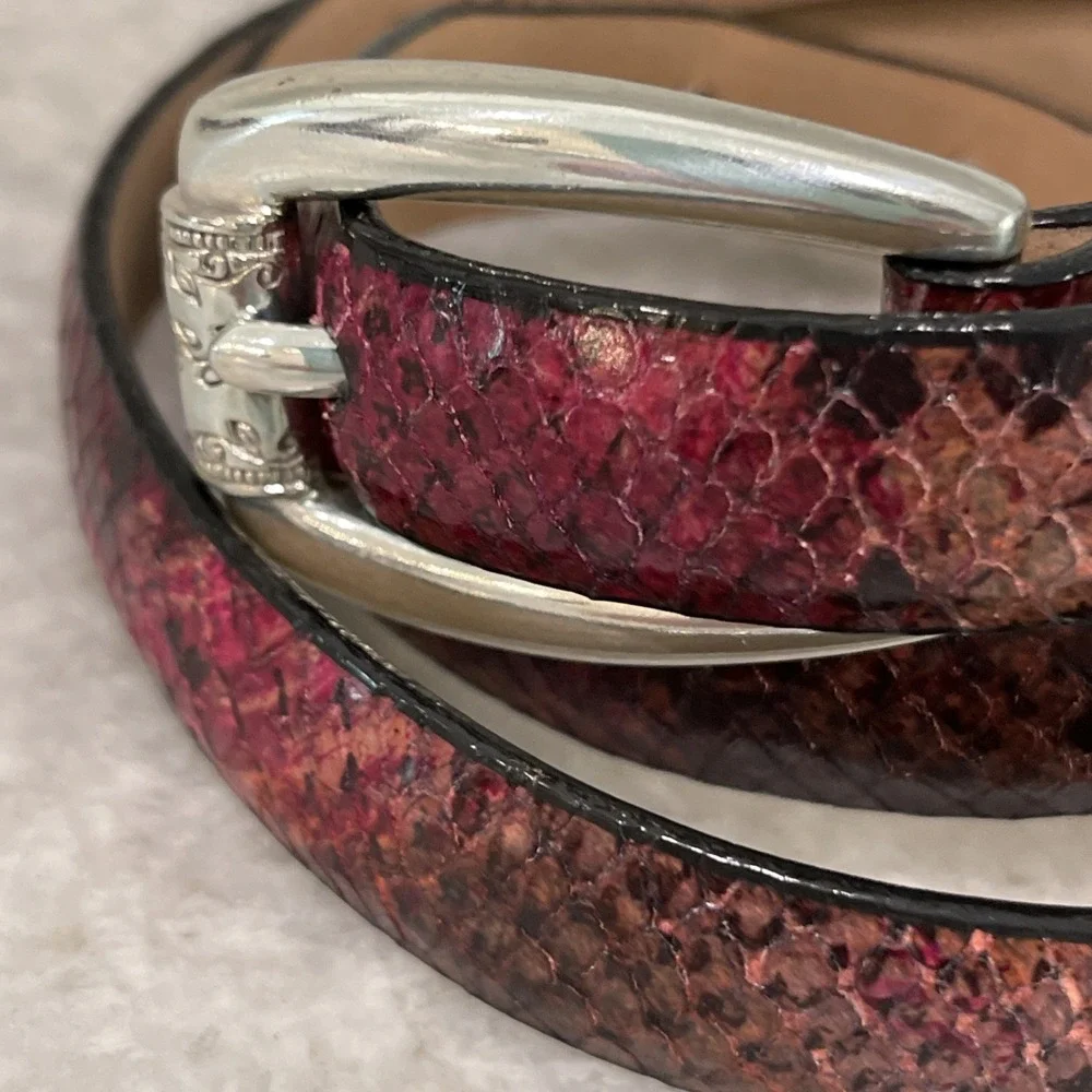 Brighton Snake Belt Womens Size 34 Large Floral Burgundy Python Skinny USA